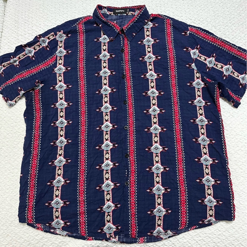 Vat Pave Tribal Pattern Button Down Collar Short … - image 2